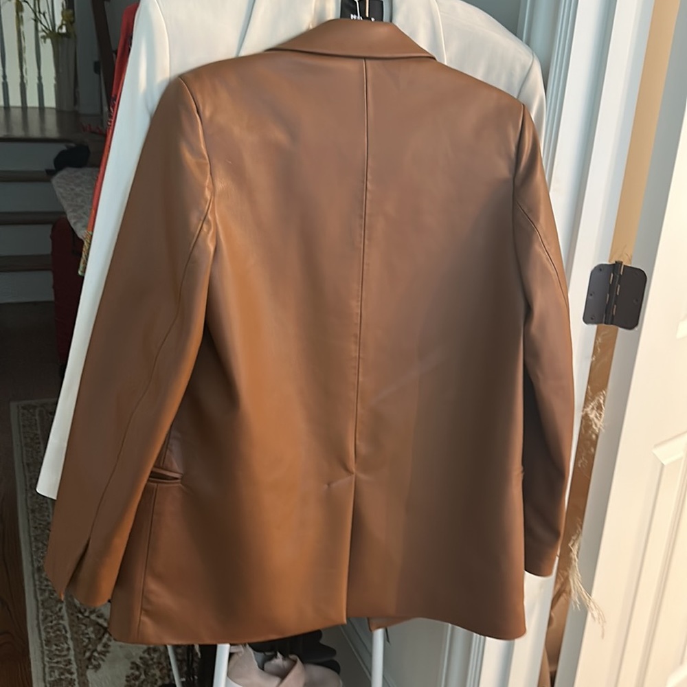 Zara Brown Faux Leather Blazer Jacket - Picture 3 of 5